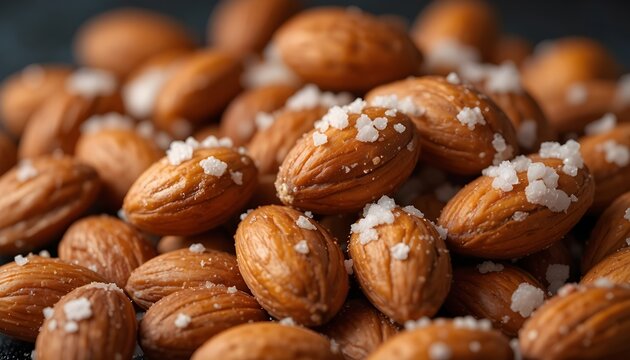 “Close-up of roasted salted almonds with sea salt crystals, dark textured background, warm tones, appetizing look, snack photography.”