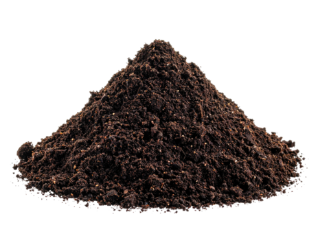 A close-up view of a pile of dark, rich soil against a clean black background