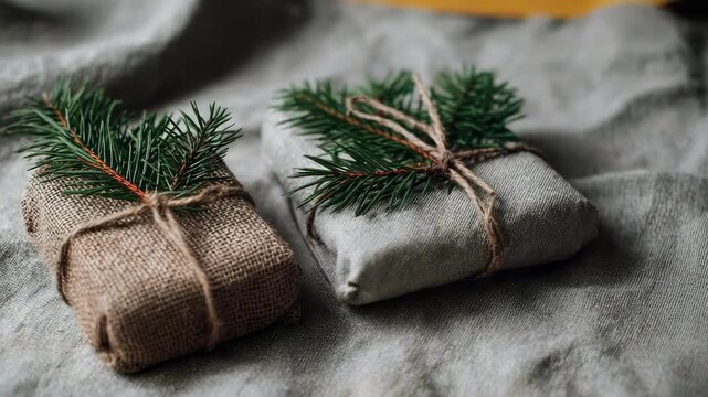 Two small burlap-wrapped gifts tied with twine, each topped with a pine sprig on gray fabric.