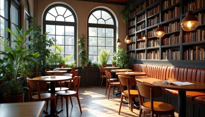 Cozy cafe interior with books plants and large windows. Cafe features tables chairs and bookshelves. Comfortable place for reading studying relaxing. Sunny daytime with warm natural light.