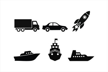 Set of black transport icons: truck, car, rocket, and various boats