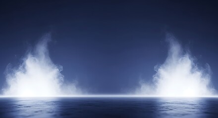 Mysterious blue smoke rising from a dark, wet surface with bright lights at the base, creating an atmospheric and dramatic scene