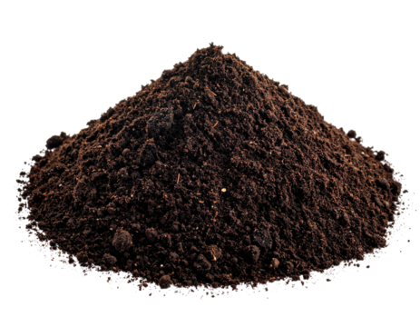 A close-up view of a dark brown pile of loose soil, isolated against a solid black backdrop