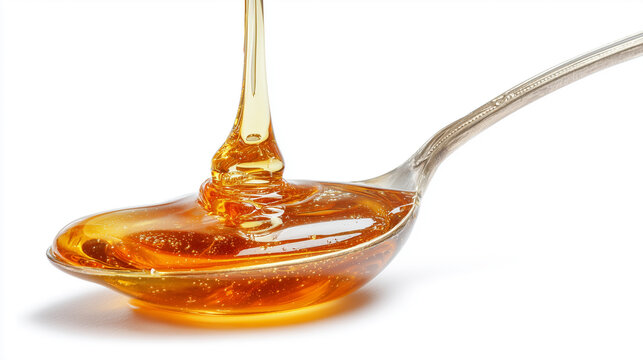 Close-up of amber liquid golden syrup poring in a glass spoon, captured in bright studio light. A clean, refreshing mood that highlights premium presentation and cool appeal.