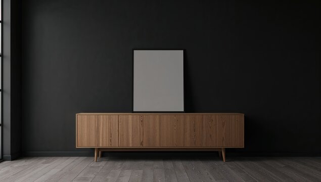 Mock-up of a frame displayed on a cabinet in a living room, suitable for minimalist interior design - Powered by Adobe