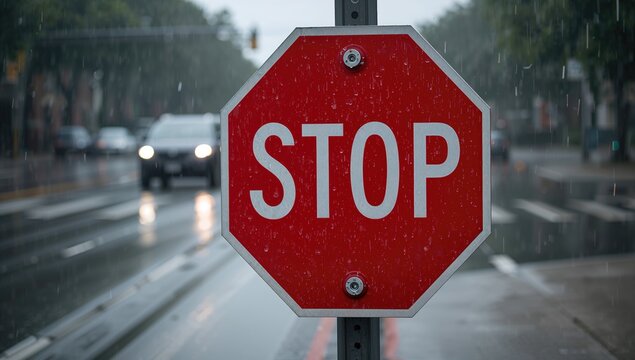 Stop Sign Under Rainy Conditions, potential visibility issues