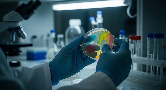 Scientist Hands Holding Petri Dish with Colorful Bacteria in Laboratory