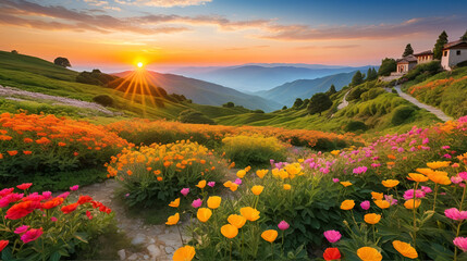 Serene summer landscapes featuring vibrant sunsets and blossoming flowers perfect for travel enthusiasts and nature aficionados