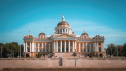Obraz premium Blurred view of the State Historical Museum in Moscow, architectural detail and summer light, urban environment