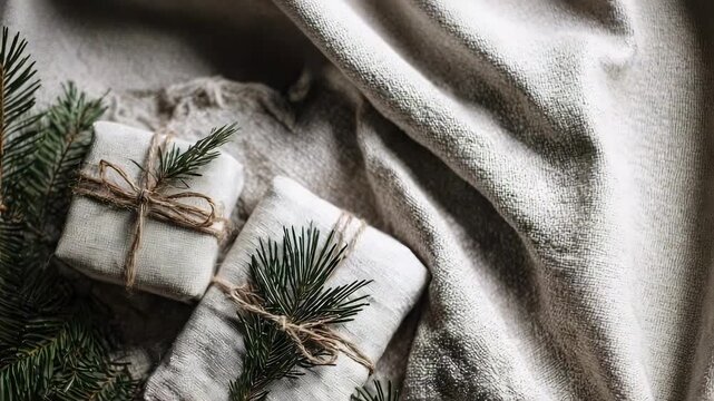 Two small fabric-wrapped gifts tied with twine, lying on a textured blanket with pine sprigs.