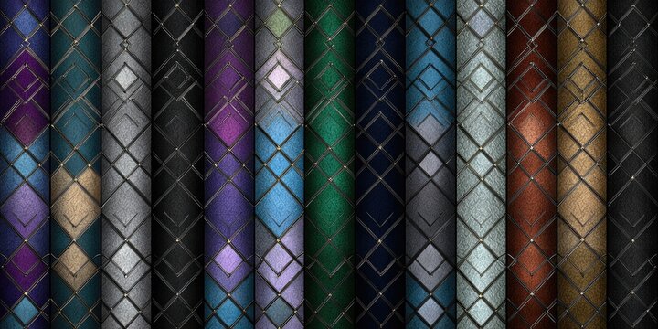 A collection of cylinders with a repeating diamond pattern, each with a different color