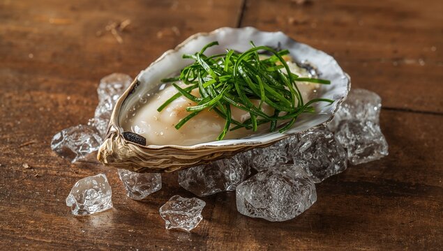 Open oyster Super Speciale garnished with seaweed and ice, a focus on freshness