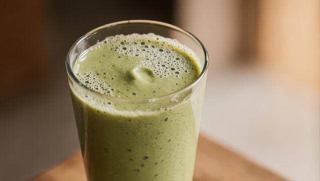 Close-up of a vibrant green smoothie in a clear glass, with foamy top