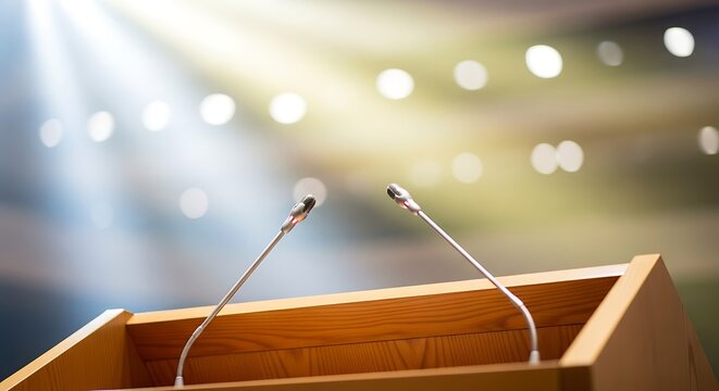 Two microphones on a wooden podium under bright stage lights, ready for a speech or presentation - Powered by Adobe