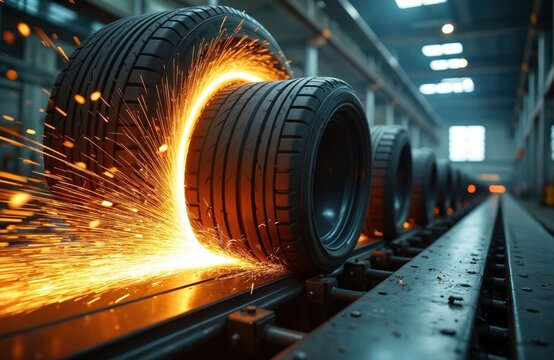 Automotive tire on high speed endurance test on robust machine. Bright sparks fly from rapidly spinning rubber surface, friction. Industrial process ensures auto part quality, performance within