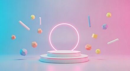 A futuristic podium with a neon ring, surrounded by floating geometric shapes against a gradient background