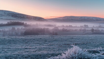 Winter sunrise illuminating a frosty landscape, seasonal change