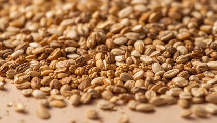 Background of assorted cereal seeds including maize, wheat, and rye, suitable for editorial design