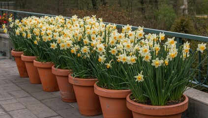 Display of Daffodil Flowers in Terracotta Containers on a Terrace, showcasing spring beauty and seasonal renewal