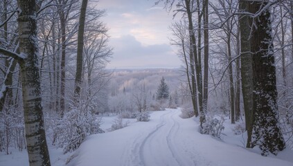 Pathway through a snowy forest landscape, winter travel, seasonal change