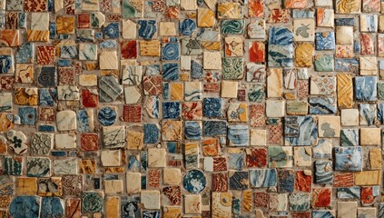 Ceramic mosaic panel featuring an array of colorful squares, ideal for artistic backgrounds