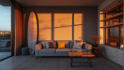 Modern living space featuring a surfboard and sofa during nighttime, emphasizing relaxation and leisure