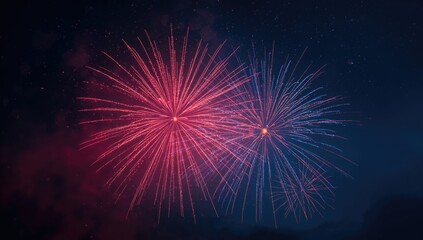 Red and blue fireworks display, vibrant celebration of light and color, Independence Day