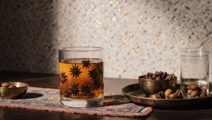 Close-up of beverages, snacks, and ornate glassware on a wooden table, against a textured background