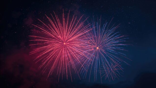 Red and blue fireworks display, vibrant celebration of light and color, Independence Day - Powered by Adobe