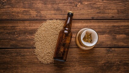 Preparing beer with barley and glass on wooden surface, emphasizing the brewing process