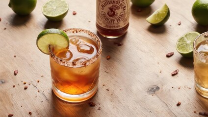 Close-up of cocktail with lime garnish, rimmed glass, and bottle on wooden surface