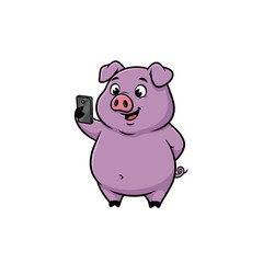 Cheerful Cartoon Pig Taking a Selfie or Looking at a Smartphone, Standing and Smiling, Funny Animal and Technology Theme Vector Illustration Isolated on White Background.