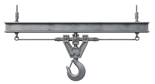An industrial lifting beam with a hook, suspended by metal cables - Powered by Adobe