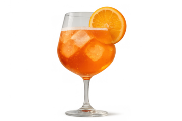 Aperol type spritz cocktail in a wine glass with ice and orange slice, enjoying a refreshing summer drink