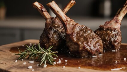 Close-up of cooked lamb chops with rosemary and salt on a wooden cutting board