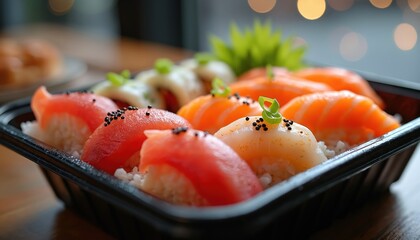 Close up photo of fresh sushi in a black container. The sushi features salmon and tuna. Restaurant quality sushi for takeout at a casual eatery.