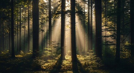 Obraz premium Sunlit Forest with Tall Trees and Sunbeams Streaming Through Green Foliage