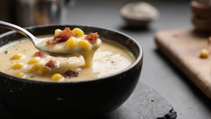 Close-up of creamy corn chowder with bacon bits being lifted by a spoon from a dark bowl