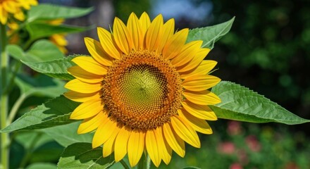 Obraz premium Close-up of a vibrant sunflower in full bloom, surrounded by green leaves