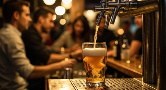 Close-up of beer pouring, blurred people socializing at bar