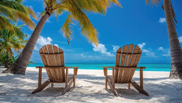 Rustic chairs placed on a tropical white sand beach surrounded by palm trees and a clear blue sky, ideal for relaxation - Powered by Adobe