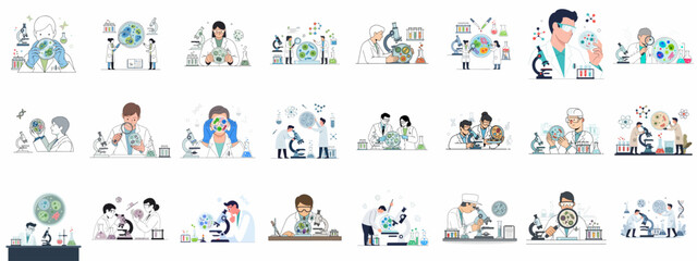 Obraz premium Microbiology Research and Chemical Experiment Illustration Collection. Scientists in labs studying cells, bacteria, DNA, and conducting analysis with specialized equipment.