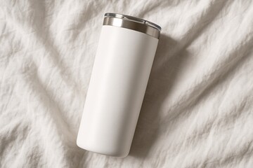Minimal White Travel Tumbler on Soft Linen