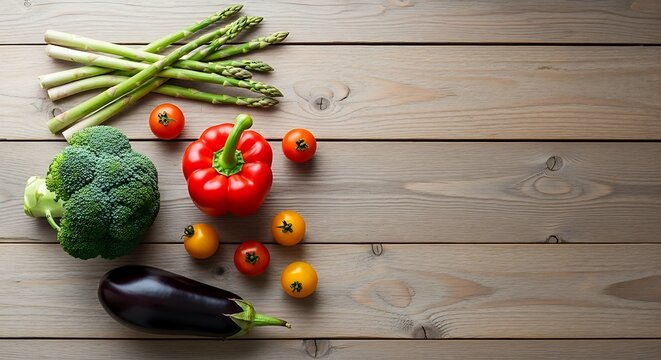Fresh organic vegetables assortment on wooden table top view healthy lifestyle concept