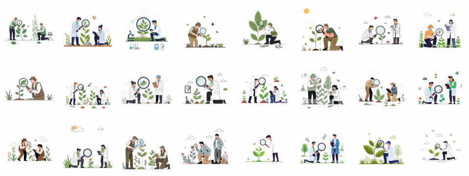 Modern vector illustrations of scientists, botanists, and agronomists researching plants, inspecting growth, conducting ecological fieldwork, and utilizing magnifying glasses for study.