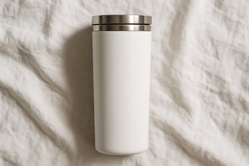 Minimal White Travel Tumbler on Soft Linen