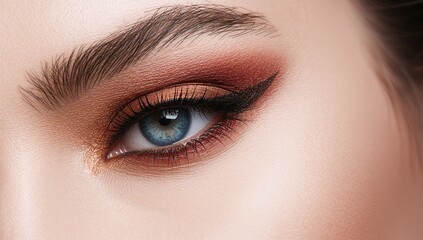Fototapeta premium Close-up of a blue eye adorned with intricate brown and red-orange smoky makeup, showcasing modern beauty techniques, seasonal change.