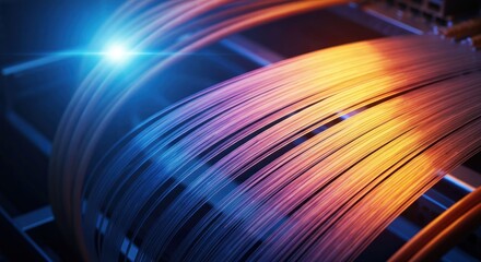 Close-up of glowing fiber optic cables with blurred background