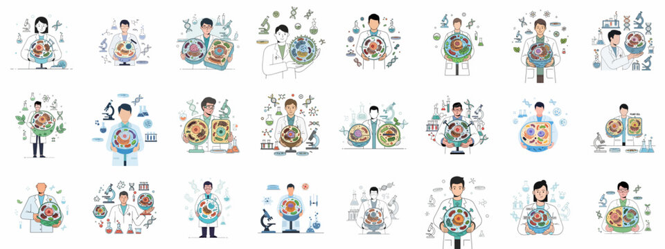 A collection of scientific illustrations depicting researchers analyzing biological cells (animal and plant) and DNA structures in a laboratory setting.