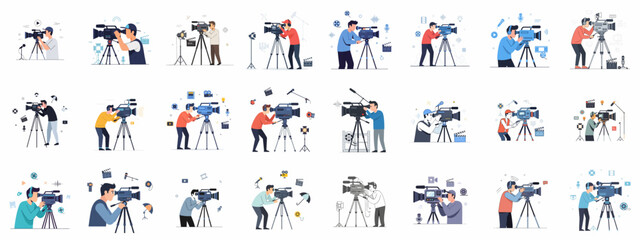 Set of vector illustrations featuring cameramen, videographers, and film crew professionals operating video cameras, tripods, and filmmaking equipment for production concepts.